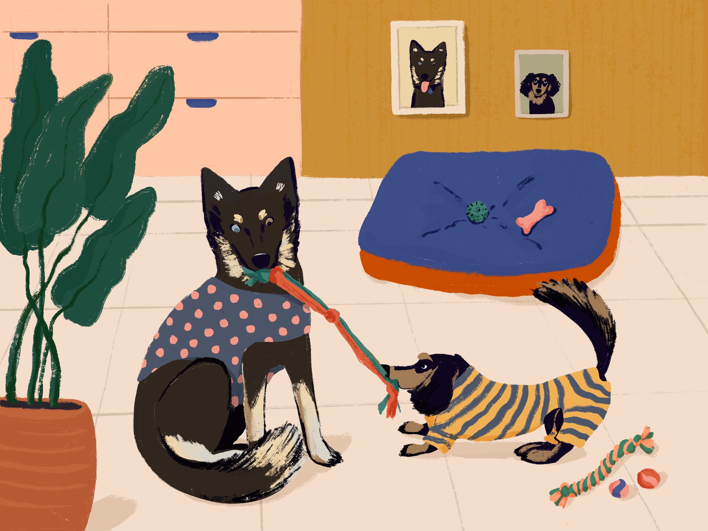 Dogs playing tug of war artwork